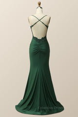 Formal Dress Short, Dark Green Mermaid Appliques Long Formal Dress