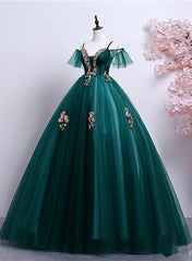 Wedding Decor, Dark Green Off Shoulder Tulle Party Dress with Lace, Green Formal Dress Prom Dress