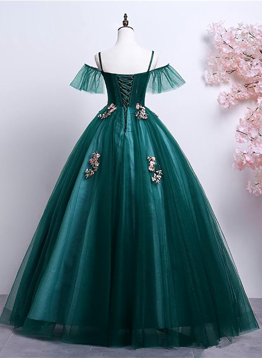 Bridesmaid Dresses Purple, Dark Green Off Shoulder Tulle Party Dress with Lace, Green Formal Dress Prom Dress