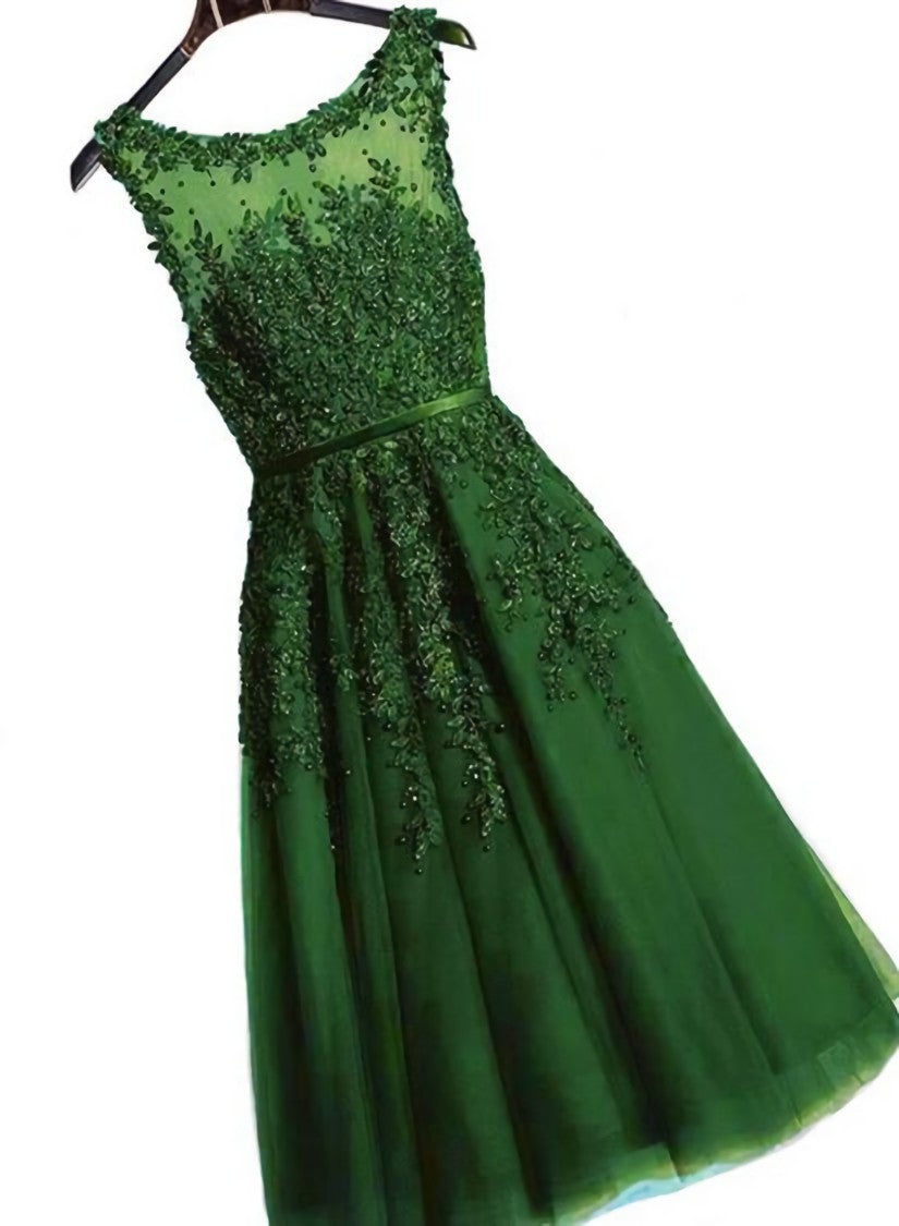 Wedding Dress Color, Dark Green Round Neckline Tea Length Lace Party Dress, Wedding Party Dress