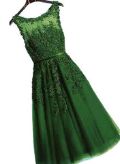 Wedding Dress Hire, Dark Green Round Neckline Tea Length Lace Party Dress, Wedding Party Dress