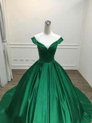 Homecoming Dresses 2016, Dark Green Satin Ball Gown Long Evening Dress Prom Dress, Green Formal Dresses