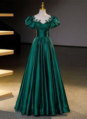 Bridesmaid Dress Fall Wedding, Dark Green Satin Ball Gown Sweet 16 Dress, Green Long Formal Dress Party Dress