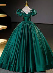 Bridesmaid Dress Spring, Dark Green Satin Ball Gown Sweet 16 Dress, Green Long Formal Dress Party Dress