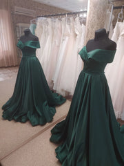 Formal Dress Long Sleeved, Dark Green Satin Off Shoulder Long Formal Dress with Slit, Long Evening Dresses