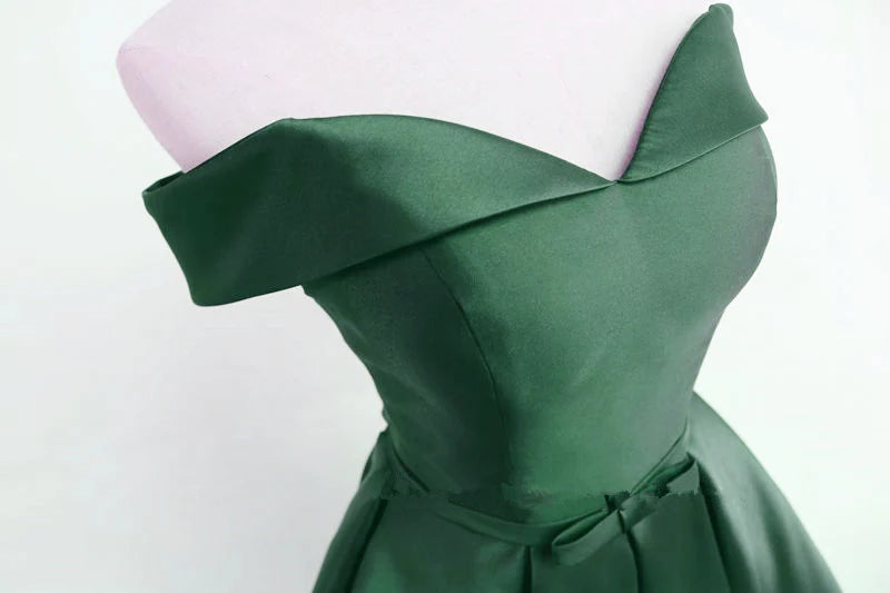 Homecomming Dresses Vintage, Dark Green Satin Off Shoulder Short Prom Dress, Green Homecoming Dresses