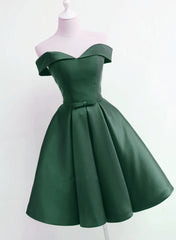 Homecomeing Dresses Vintage, Dark Green Satin Off Shoulder Short Prom Dress, Green Homecoming Dresses