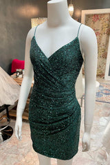 13 Th Grade Dance Dress, Dark Green Sequin Spaghetti Straps Ruched Cocktail Dress,Mini Prom Dresses