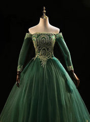 Bridesmaid Dresses Affordable, Dark Green Sleeves with Gold Lace Sweet 16 Dress, Dark Green Long Formal Dress