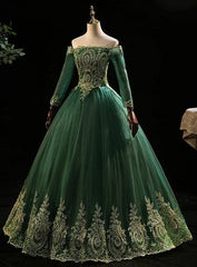 Bridesmaid Dress Online, Dark Green Sleeves with Gold Lace Sweet 16 Dress, Dark Green Long Formal Dress