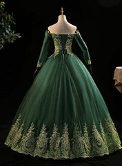 Bridesmaid Dresses Color Schemes, Dark Green Sleeves with Gold Lace Sweet 16 Dress, Dark Green Long Formal Dress