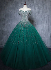 Sequin Dress, Dark Green Tulle Sweetheart Sparkle Party Dress, Sweet 16 Dress