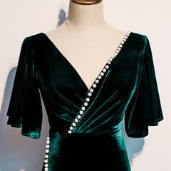 Prom Dress For Teens, Dark Green Velvet Mermaid Slit V-neckline Formal Dress Party Dress, Long Evening Dresses