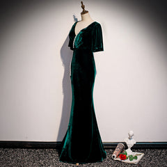 Prom Dress V Neck, Dark Green Velvet Mermaid Slit V-neckline Formal Dress Party Dress, Long Evening Dresses
