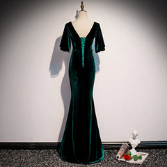Prom Dress With Pockets, Dark Green Velvet Mermaid Slit V-neckline Formal Dress Party Dress, Long Evening Dresses
