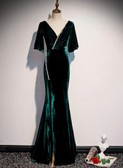 Prom Dress Short, Dark Green Velvet Mermaid Slit V-neckline Formal Dress Party Dress, Long Evening Dresses