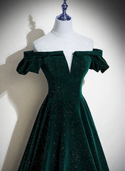 Bridesmaid Dress Uk, Dark Green Velvet Off Shoulder Long Party Dress, Green A-line Prom Dress