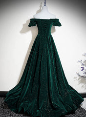 Bridesmaids Dresses Uk, Dark Green Velvet Off Shoulder Long Party Dress, Green A-line Prom Dress