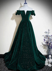 Bridesmaid Dresses Sleeveless, Dark Green Velvet Off Shoulder Long Party Dress, Green A-line Prom Dress