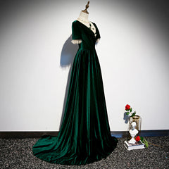 Wedding Dresses Silk, Dark Green Velvet Short Sleeves A-line Bridesmaid Dresses, A-line Wedding Party Dress Prom Dress