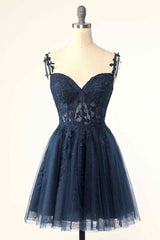 Party Dresses Teen, Dark Navy A-line Flower Straps Appliques Tulle Homecoming Dress