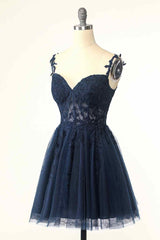 Party Dress Look, Dark Navy A-line Flower Straps Appliques Tulle Homecoming Dress