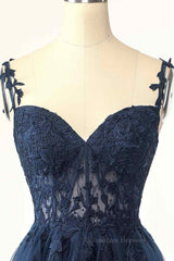 Party Dress Outfit Ideas, Dark Navy A-line Flower Straps Appliques Tulle Homecoming Dress