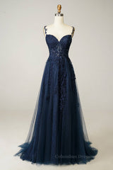 Bridesmaid Dresses Designers, Dark Navy A-line V Neck Tulle Applique Boning Long Prom Dress