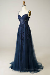 Bridesmaid Dress Design, Dark Navy A-line V Neck Tulle Applique Boning Long Prom Dress