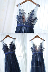 Bridesmaid Dress Blushes, Dark Navy Blue Lace Prom Dresses, Dark Navy Blue Lace Formal Bridesmaid Dresses