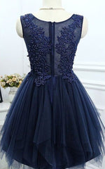 Engagement Photo, Dark Navy Jewel Sleeveless Homecoming Dresses,Appliques Beading A Line Tulle Semi Formal Dress