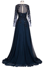 Evening Dress Style, Dark Navy Long A-line Jewel Tulle Formal Evening Dresses with Sleeves