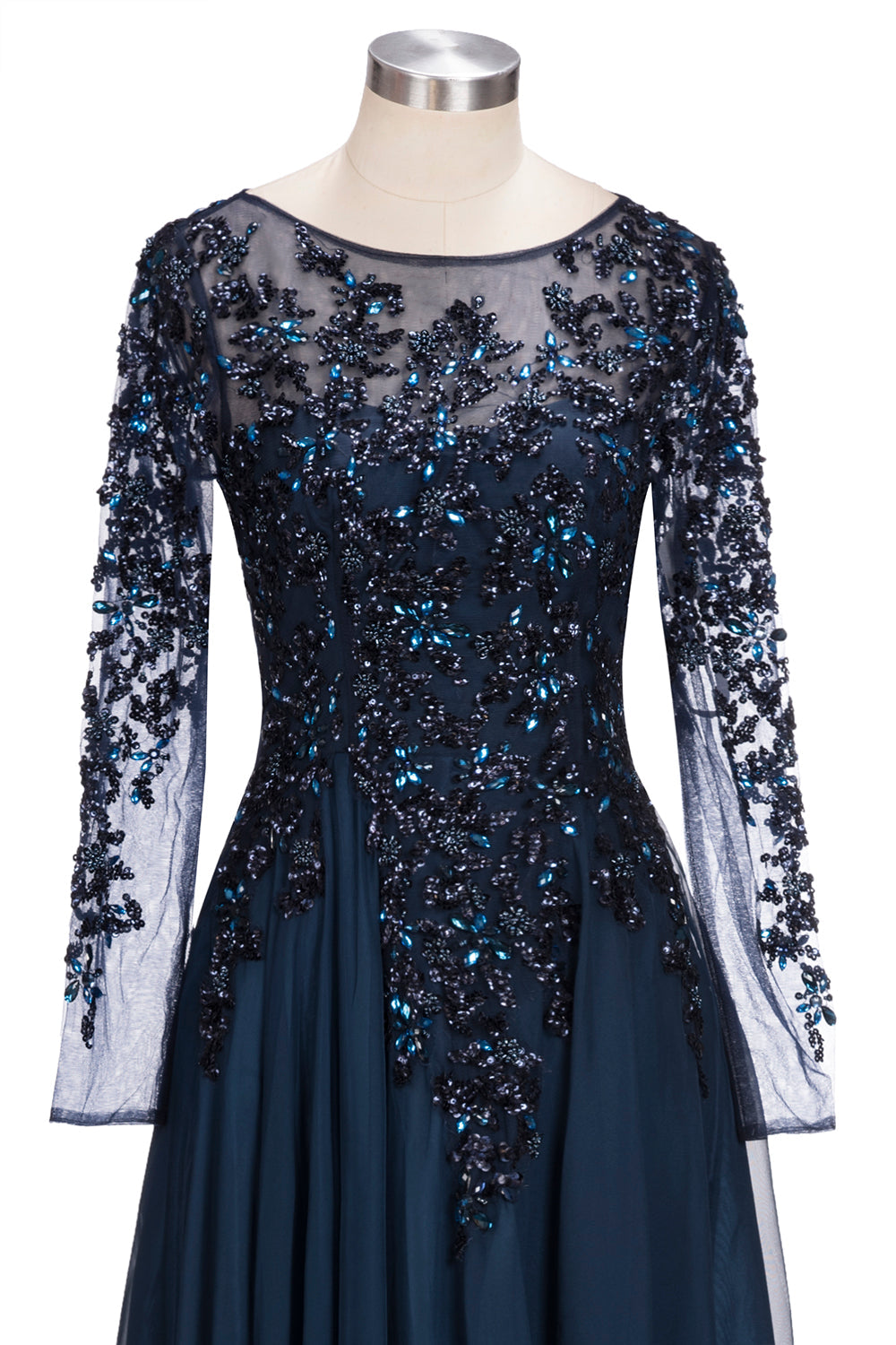 Evening Dress Styles, Dark Navy Long A-line Jewel Tulle Formal Evening Dresses with Sleeves