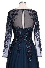 Evening Dresses Dresses, Dark Navy Long A-line Jewel Tulle Formal Evening Dresses with Sleeves