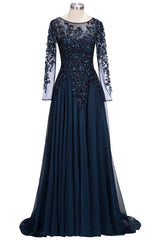 Evening Dresses Red, Dark Navy Long A-line Jewel Tulle Formal Evening Dresses with Sleeves