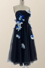Formal Dresses Simple, Dark Navy Strapless Midi Dress with Flowers