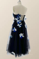 Formal Dress Simple, Dark Navy Strapless Midi Dress with Flowers