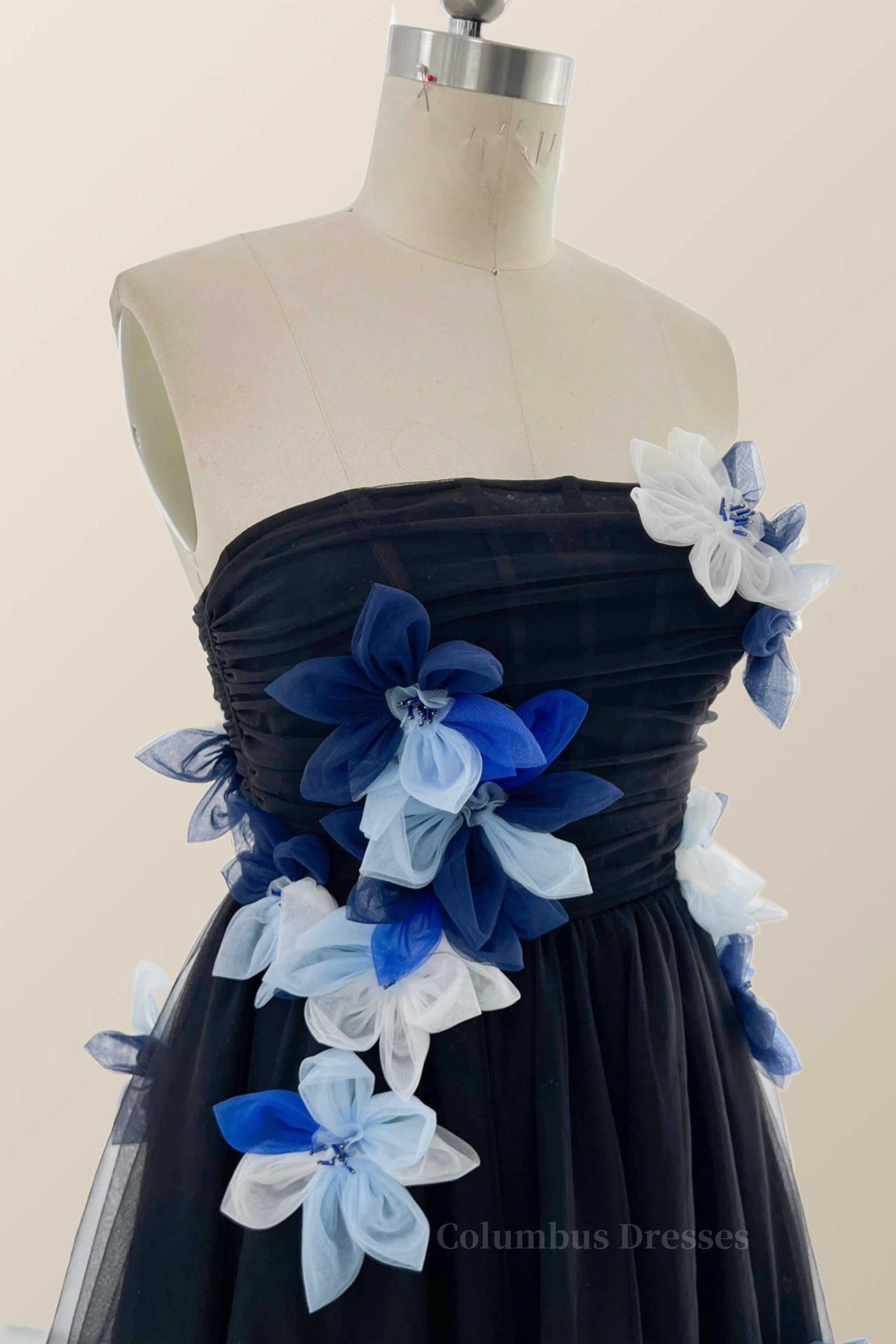Formal Dresses Ball Gown, Dark Navy Strapless Midi Dress with Flowers