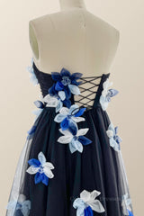 Formal Dresses Outfit, Dark Navy Strapless Midi Dress with Flowers