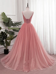 Formal Wedding Guest Dress, Dark Pink Sequins V-neckline Straps Long Evening Dress, Tulle Pink Prom Dress