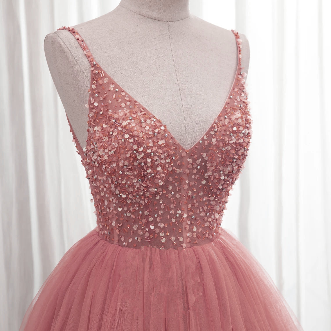 Trendy Dress Outfit, Dark Pink Sequins V-neckline Straps Long Evening Dress, Tulle Pink Prom Dress