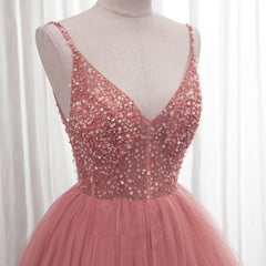 Trendy Dress Outfit, Dark Pink Sequins V-neckline Straps Long Evening Dress, Tulle Pink Prom Dress
