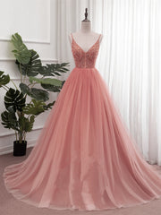Off Shoulder Dress, Dark Pink Sequins V-neckline Straps Long Evening Dress, Tulle Pink Prom Dress