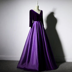 Prom Dress 2023, Dark Purple Long Sleeves V-neckline Velvet and satin Long Party Dress, Long Evening Dress Prom Dress