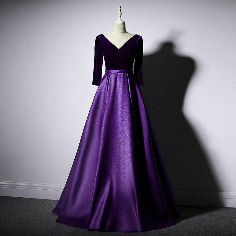 Prom Dress Inspiration, Dark Purple Long Sleeves V-neckline Velvet and satin Long Party Dress, Long Evening Dress Prom Dress