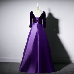 Prom Dress Shopping, Dark Purple Long Sleeves V-neckline Velvet and satin Long Party Dress, Long Evening Dress Prom Dress