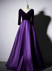 Prom Dresses On Sale, Dark Purple Long Sleeves V-neckline Velvet and satin Long Party Dress, Long Evening Dress Prom Dress