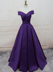 Evening Dresses Cheap, Dark Purple Off Shoulder Satin Long Formal Gown, Prom Dresses