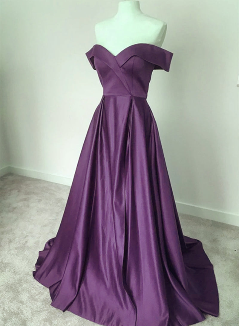 Black Tie Wedding Guest Dress, Dark Purple Satin Off Shoulder Long Formal Dress, Purple Evening Dress Prom Dress