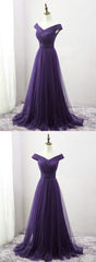 Party Dress Short, Dark Purple Sweetheart Tulle Off Shoulder Bridesmaid Dress, Long Prom Dress